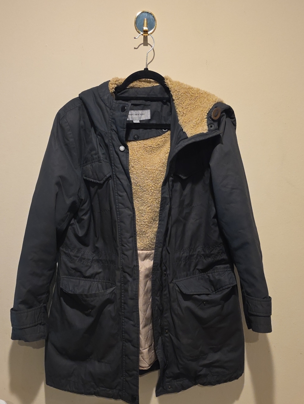 Andrew Marc Grey Blue Parka Jacket with Tan Sherpa Lining